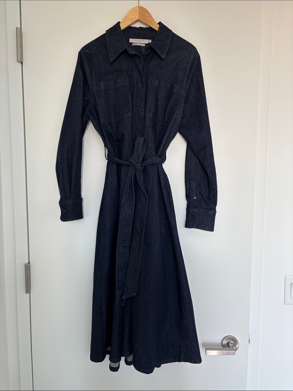 Denim Shirt Dress with Belt - Long Sleeve, Indigo Blue